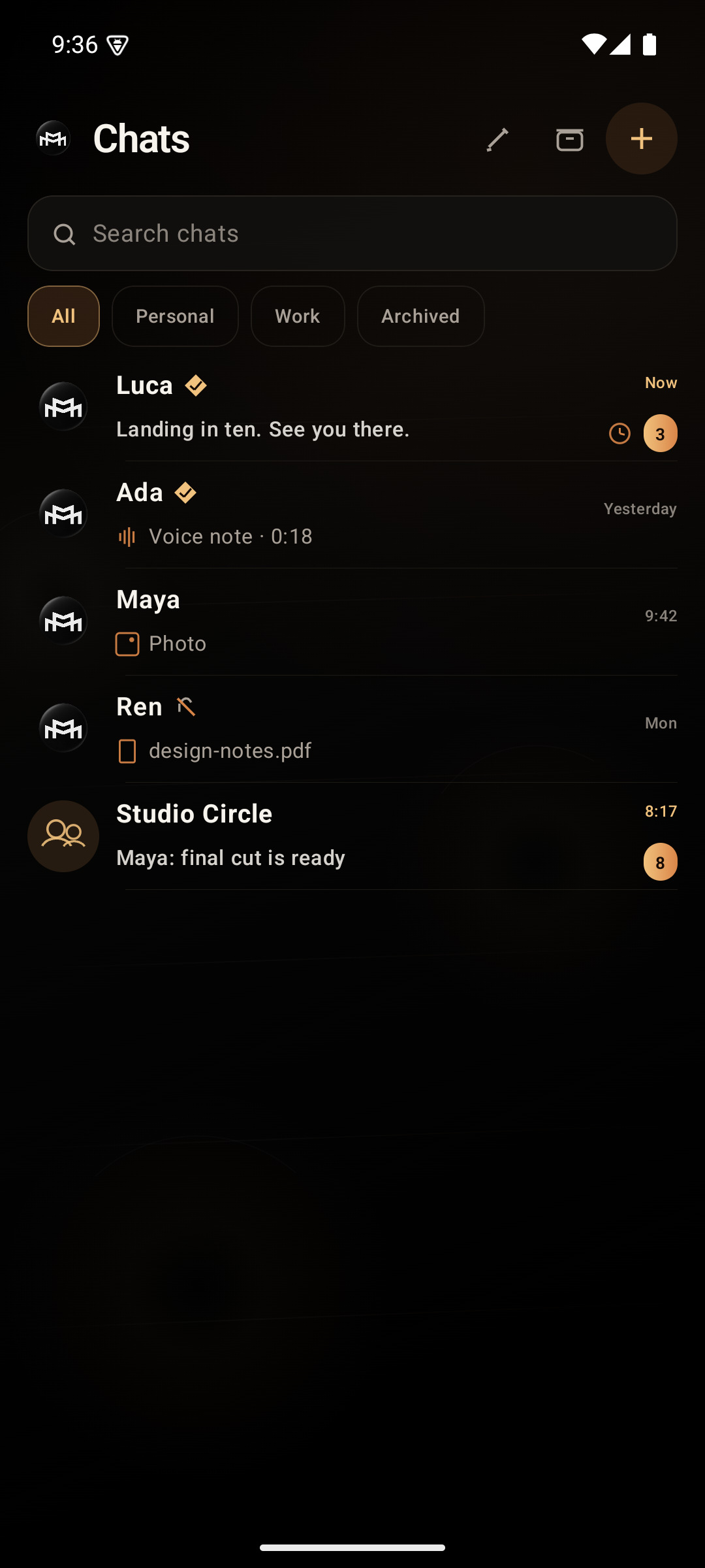 MARCO Chat Chats screen, captured from the approved Android app