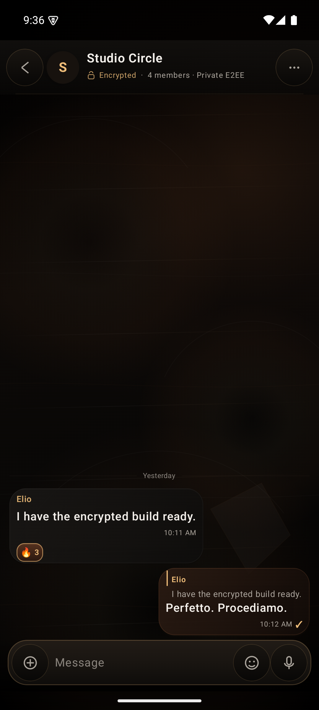 Reaction and reply in a real private MARCO Chat group, captured from the approved Android app